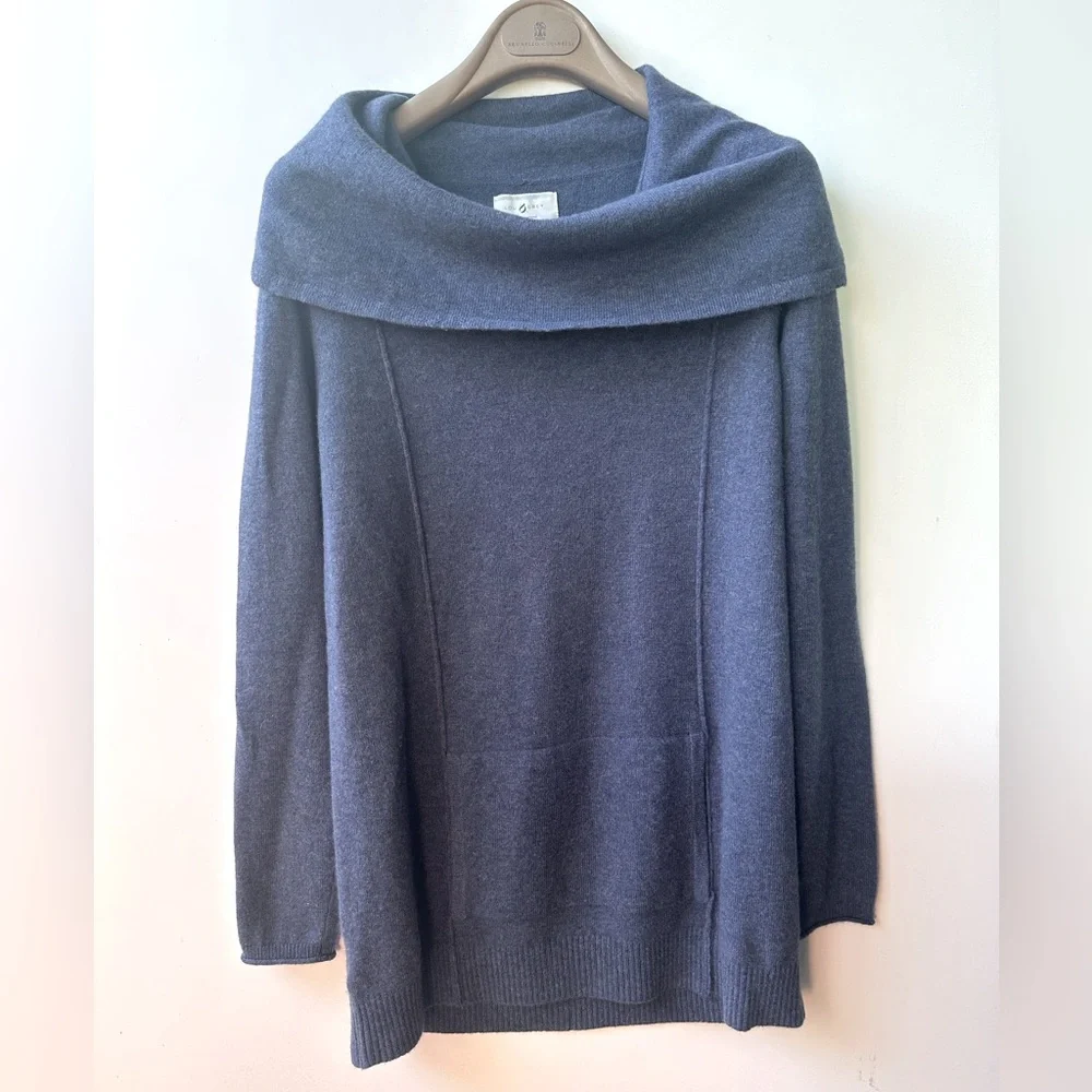 Lou & Gray 100% Cashmere Long Navy Sweater, Kangaroo pocket, Cowl neck, S